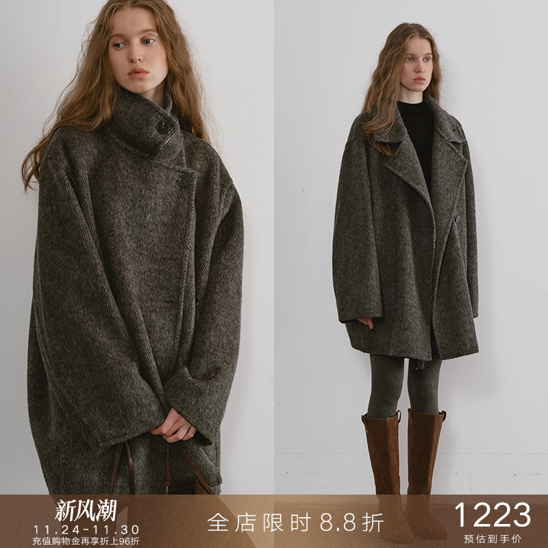 popchrio茧型加厚驼绒毛呢大衣