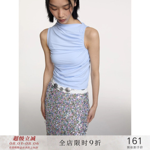 褶皺小高領背心吊帶顯瘦打底外穿修身 T恤上衣女夏 無袖 popchrio
