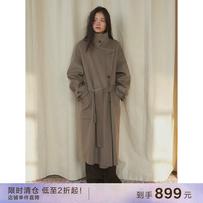 【到手899元】80高支羊毛立翻领廓形双面大衣低腰毛呢外套长款