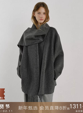 popchrio◆流苏围巾领高支羊毛双面呢大衣小个子短款毛呢外套女冬