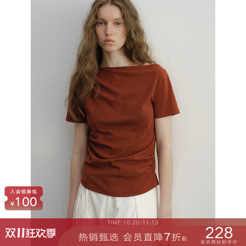 popchrio◆莱赛尔棉不对称一字领斜肩T恤衫收腰修身短袖上衣女夏