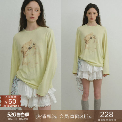 popchrio手绘印花圆领长袖棉T恤