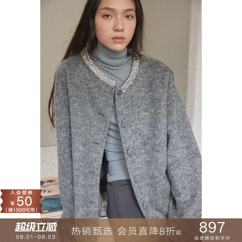 popchrio◆手工钻饰羊毛小香风双面毛呢外套小个子短款呢子大衣女