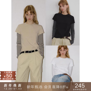 popchrio T恤撞色条纹圆领上衣女 小众设计感假两件叠穿拼接长袖