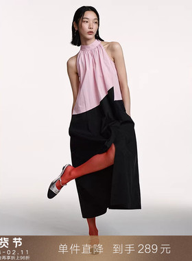 【到手289元】撞色拼接挂脖无袖连衣裙露肩A字裙宽松背心长裙子女