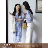 到手259元 草木染印花 法式 晕染V领短袖 连衣裙宽松慵懒长裙子