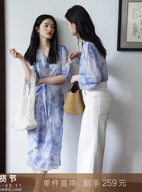 【到手259元】草木染印花~法式晕染V领短袖连衣裙宽松慵懒长裙子