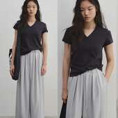 T恤宽松百搭基础纯色上衣打底衫 复古双面棉v领短袖 女夏 23新品