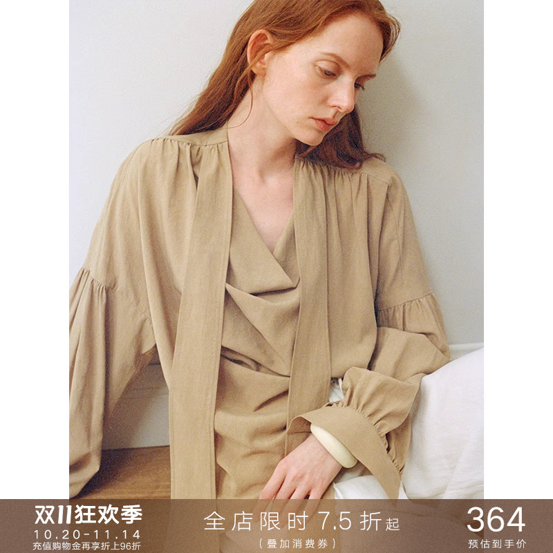 popchrio◆法式飘带荡领衬衫高级垂坠感内搭长袖莱赛尔宽松上衣女