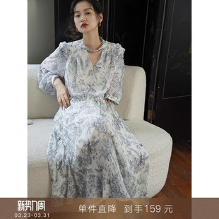 长袖 线描碎花复古法式 情书 V领连衣裙收腰雪纺裙子 到手159元