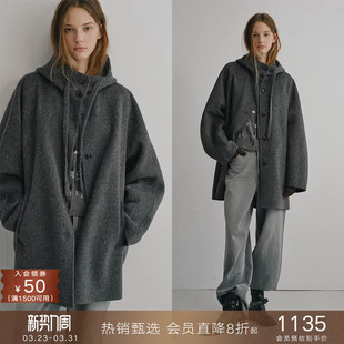 popchrio 斗篷毛呢大衣 慵懒风高支羊毛连帽双面呢外套小个子短款