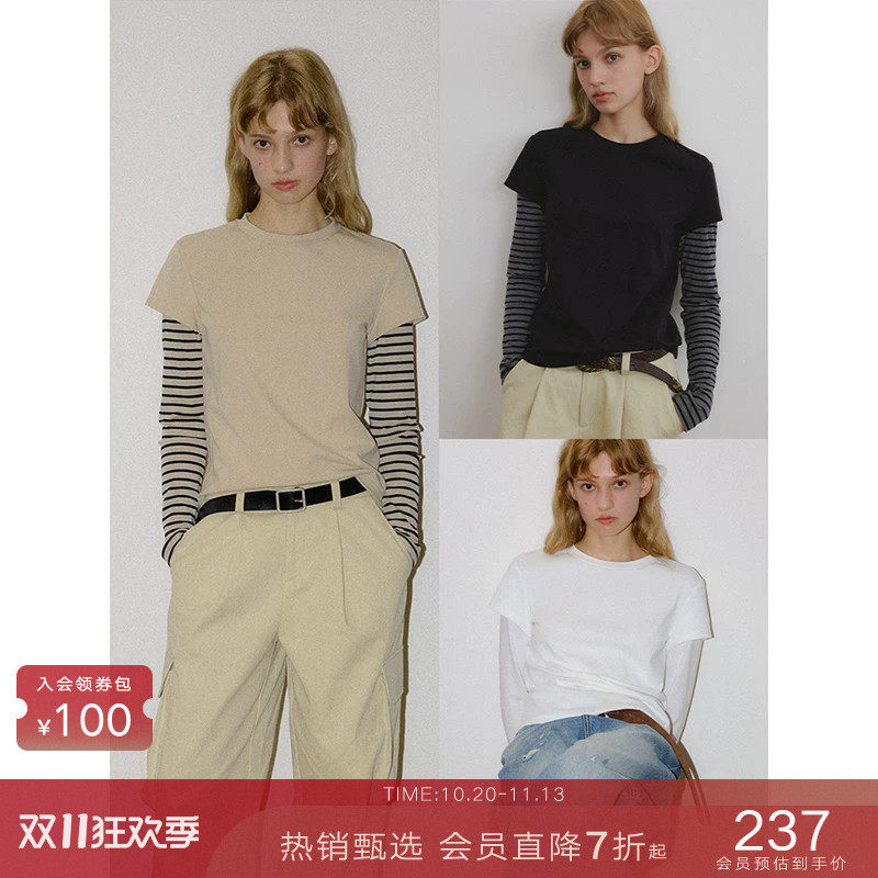 popchrio◆小众设计感假两件叠穿拼接长袖T恤撞色条纹圆领上衣女