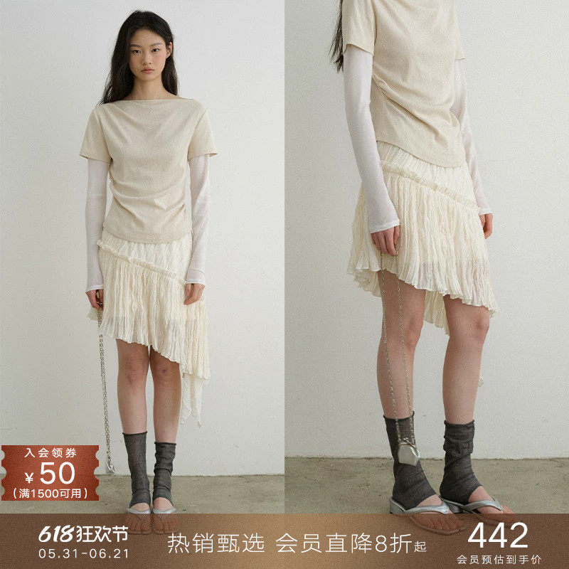 popchrio◆别致不规则百褶雪纺蕾丝半身裙小个子甜美a字短裙子女