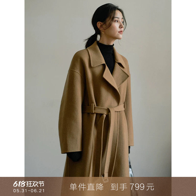【到手799元】80支莼羊毛摩登呢子大衣双面翻领系带毛呢外套女冬