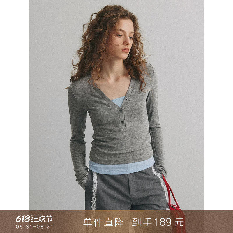 【到手189元】慵懒松弛感莱赛尔深v领长袖T恤修身内搭吊带套装女