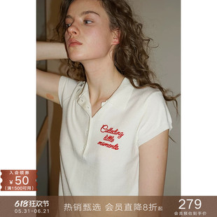 popchrio◆复古撞色刺绣小飞短袖polo领针织亨利衫法式上衣女夏