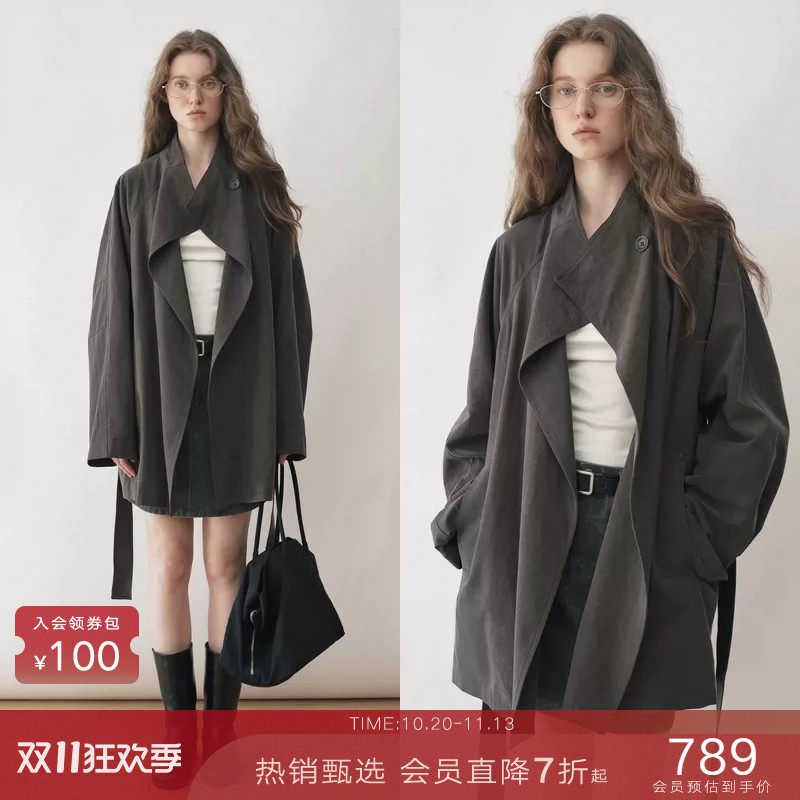 popchrio◆莱赛尔麻混纺洗褪松弛感宽松立领风衣小个子短款外套女