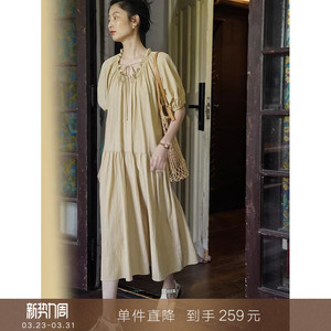 【到手259元】法式复古U领抽绳褶皱泡泡袖连衣裙白色宽松长裙子女