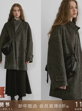 popchrio◆重磅人字纹立领双面羊毛大衣小个子宽松短款毛呢外套女