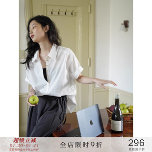 法式 純色短袖 夏日襯衣 襯衫 寬松休閑上衣女夏 自然卷袖 popchrio