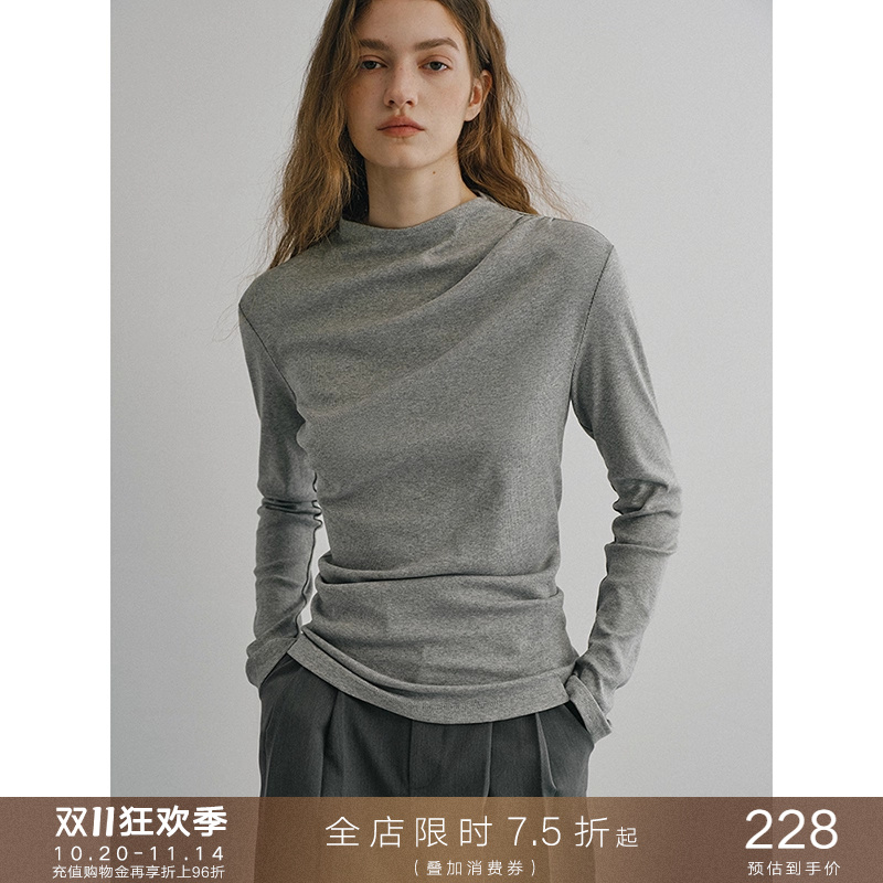 设计感打底半高领扭褶T恤