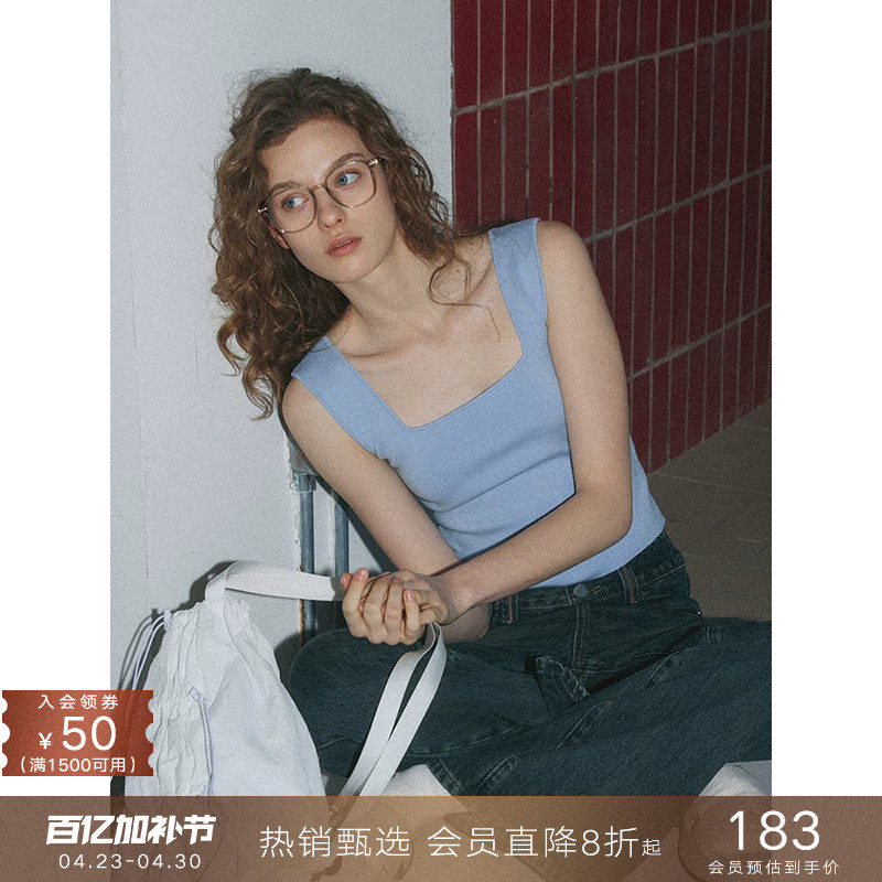 popchrio◆高级感针织方领吊带内搭打底背心修身短款无袖上衣女夏