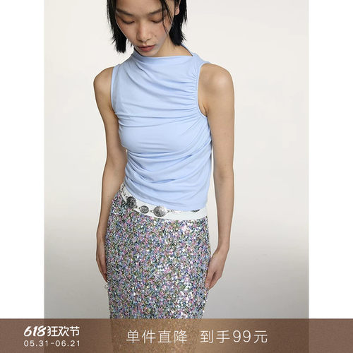 popchrio无袖褶皱小高领背心