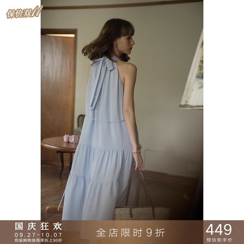 度假风挂脖无袖系带连衣裙