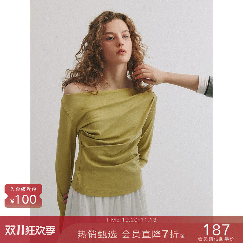 popchrio◆一字领露肩长袖T恤修身锁骨全棉上衣外穿显瘦打底衫女