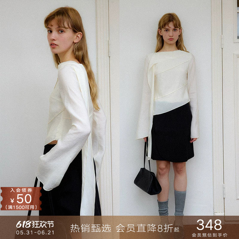 popchrio◆飘逸感不规则飘带喇叭长袖衬衫小个子短款收腰衬衣女秋