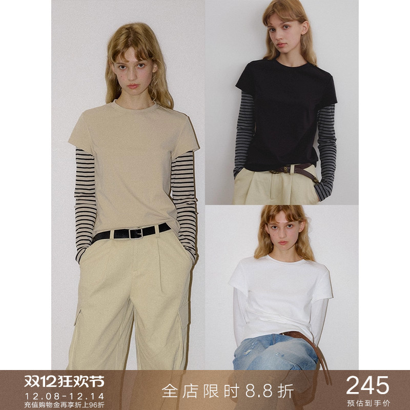 popchrio假两件叠穿拼接长袖T恤