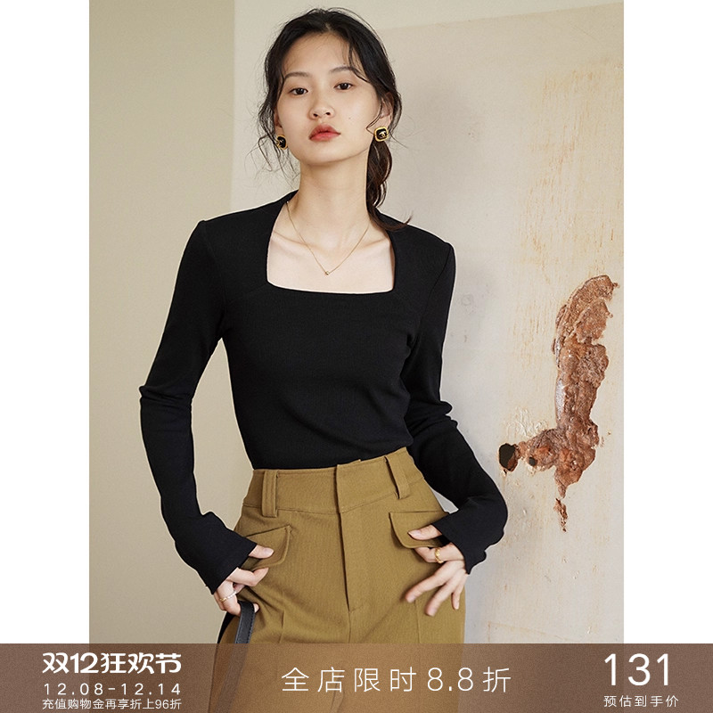 popchrio法式方领黑色长袖T恤