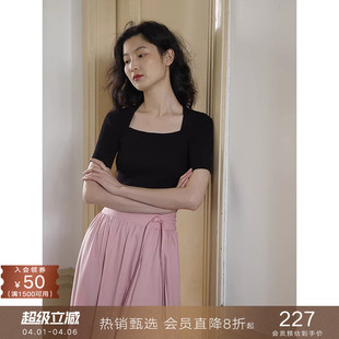 短袖 popchrio 冰感法式 复古挂肩针织衫 显瘦方领上衣女夏 T恤修身