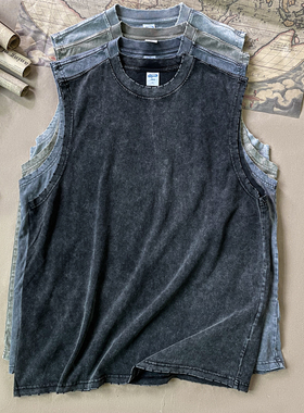 夏欧美潮牌宽松打底圆领T恤洗水蜡染做旧磨边猛坎肩美式复古背心