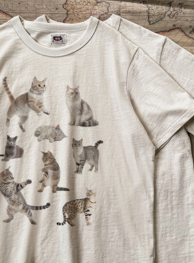 谢先绅 猫猫的聚会可爱印花T恤 夏季小众复古棉布宽松短袖男女款