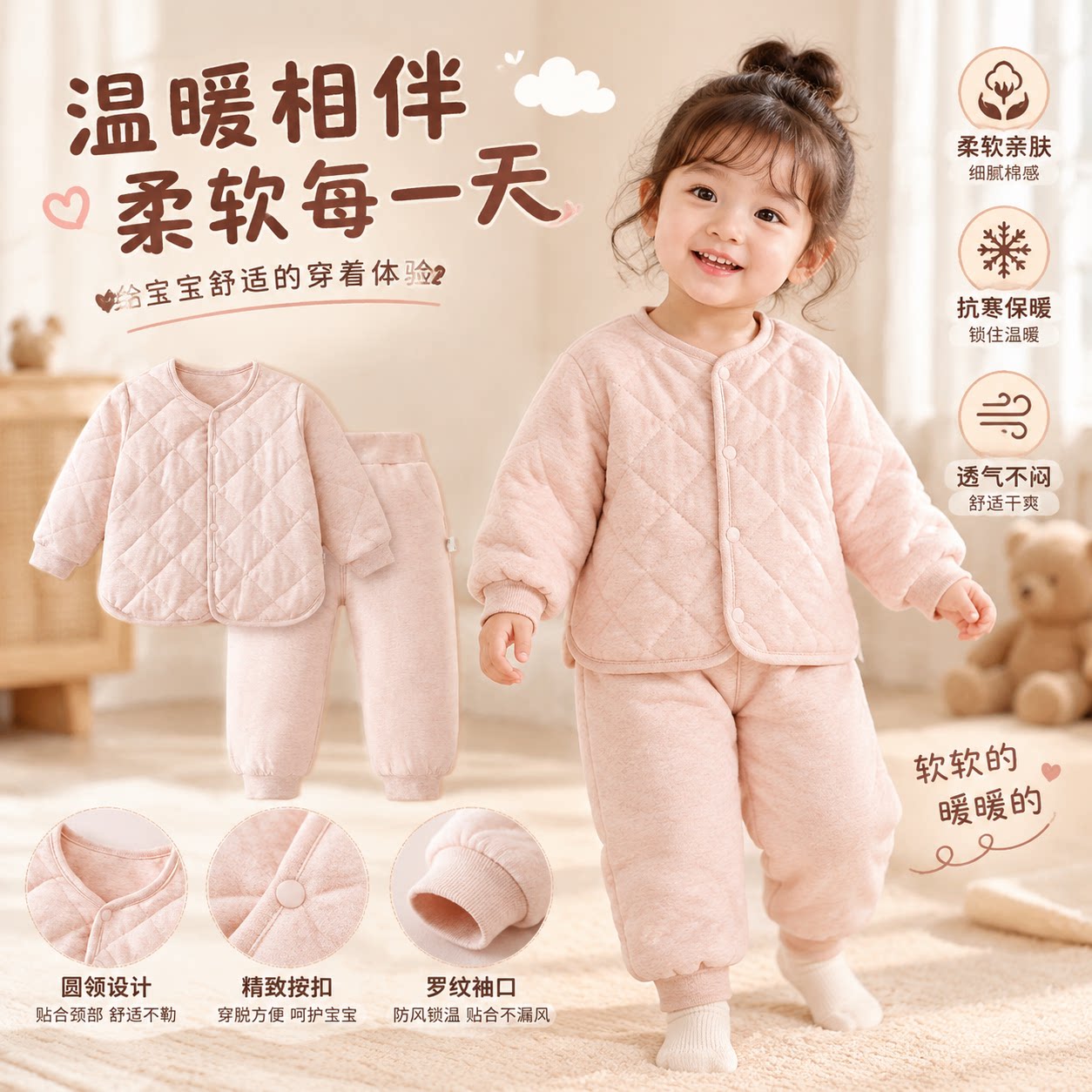 婴儿套装保暖外套裤子男女宝宝棉袄棉服儿童分体上衣加棉加厚家居
