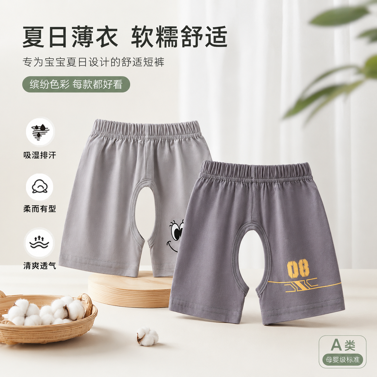婴儿短裤男宝宝开档裤夏季薄款透气小宝宝纯棉叉叉裤小月龄居家服