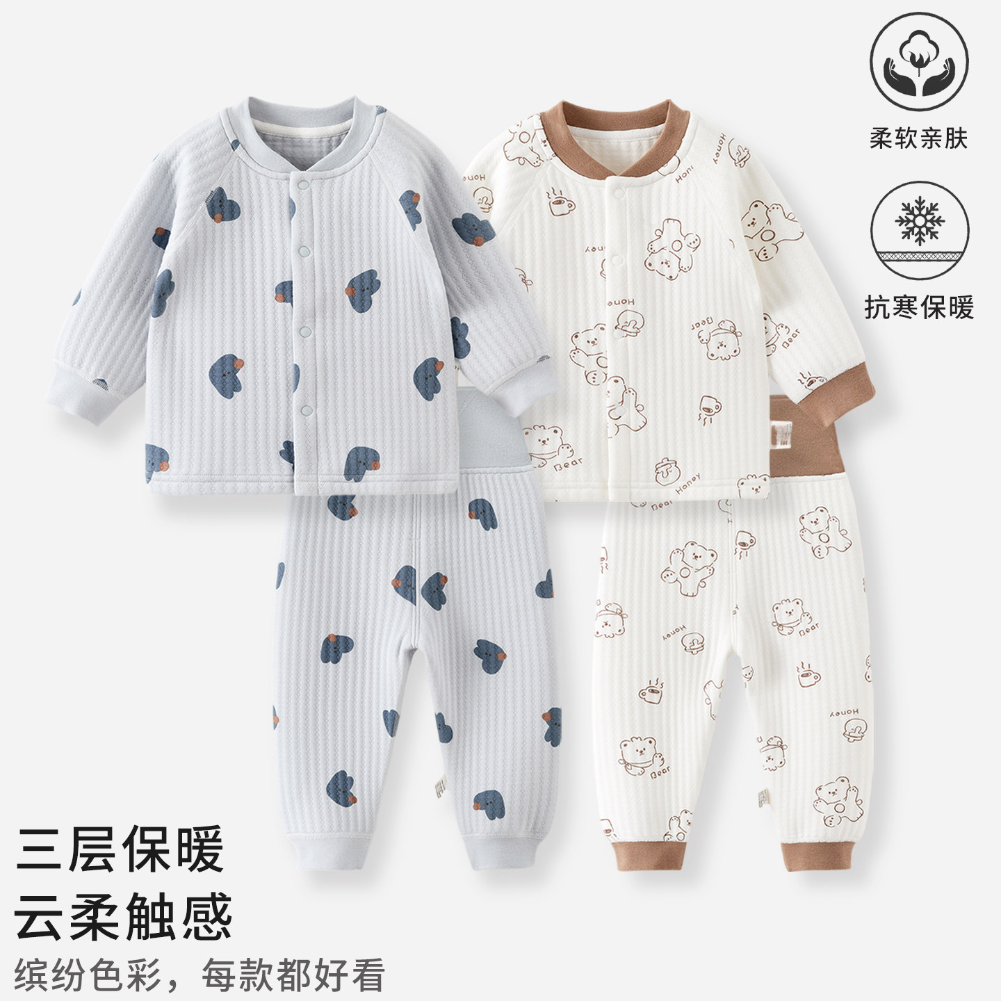 婴儿套装分体纯棉保暖春秋季夹棉男女宝宝上衣高腰裤子外出小月龄