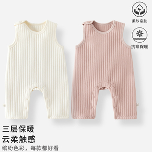 婴儿背带裤保暖纯棉A类夹棉秋冬新款男女宝宝睡衣连体裤子外穿