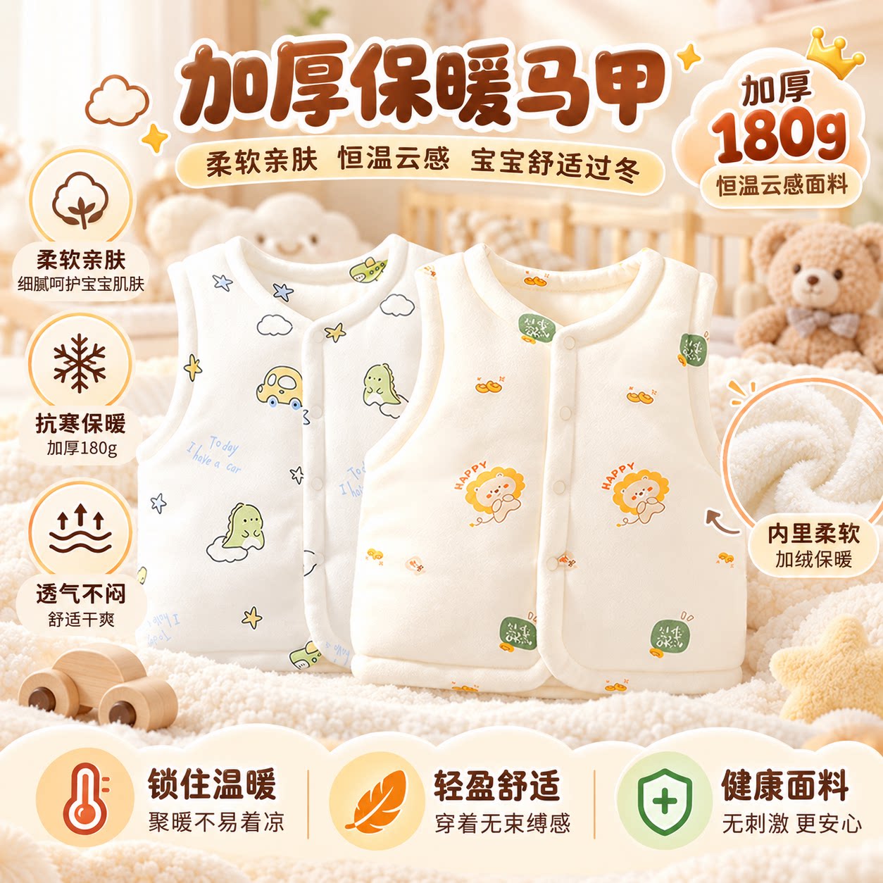 婴儿马甲秋冬夹棉180g马夹新生儿衣服背心宝宝保暖背心坎肩夹棉