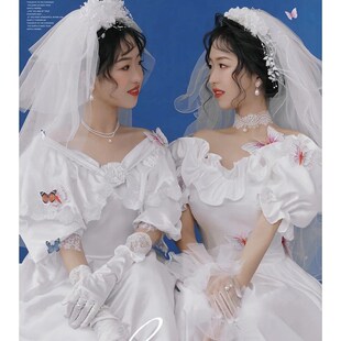 新款照相馆主题服装复古婚纱港风法式宫延白色古董裙闺蜜写真摄影