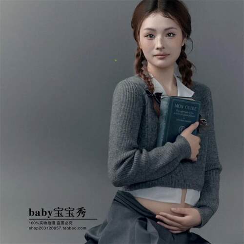 摄影孕妈V领短款长袖针织衫女秋学院风假两件衬衫拼接毛衣写真孕
