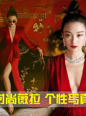 明星同款性感写真V领开叉拖尾红色缎面礼服 影楼主题婚纱拍摄服装