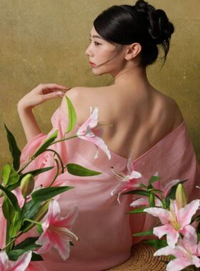 影楼新中式晕染设计感小众立体花朵高级感薄纱罩衫拖地写真连衣裙