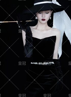 2023新款法式复古赫本风黑色抹胸鱼尾礼服艺术形象肖像照写真服装