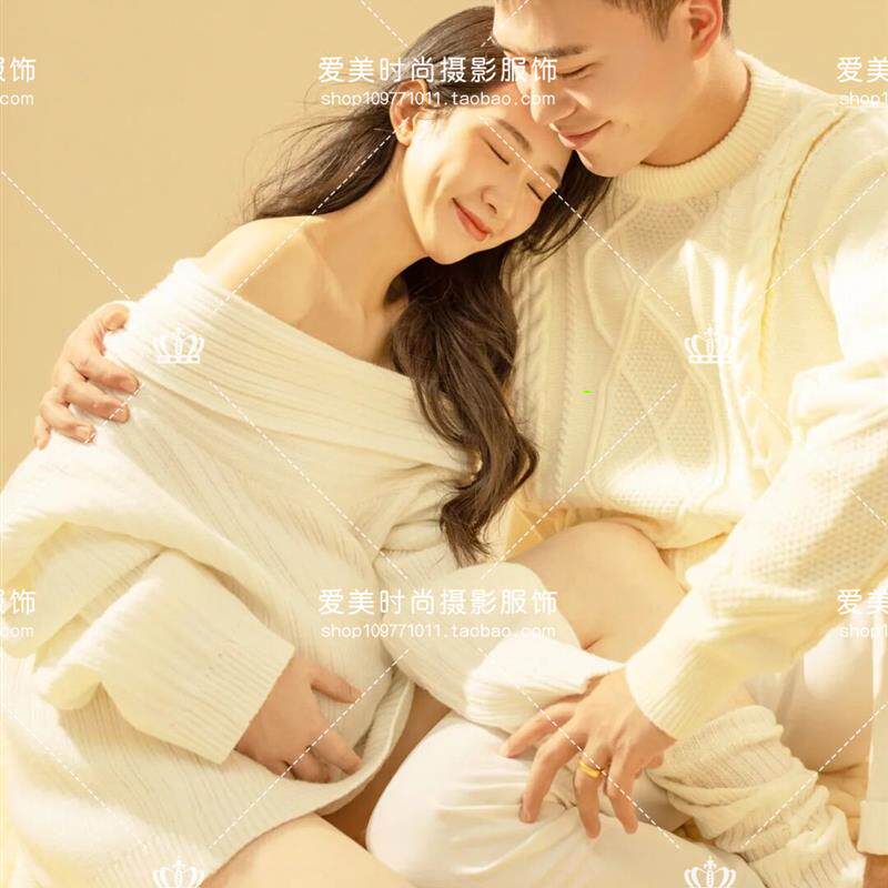 韩版新款孕妇拍照服装居家情侣影楼摄影服饰白色针织毛衣粗线毯子