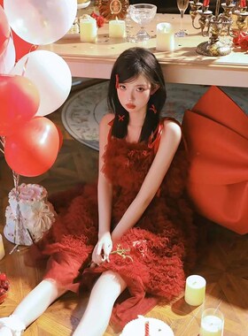 影楼新款红色纱裙少女生日写真画报风时尚千金名媛艺术照摄影服装