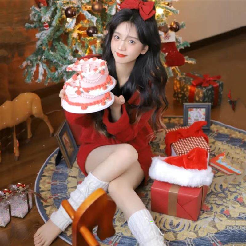 影楼摄影秋冬款红色新年圣诞主题毛衣可爱少女写真个人艺术照服装
