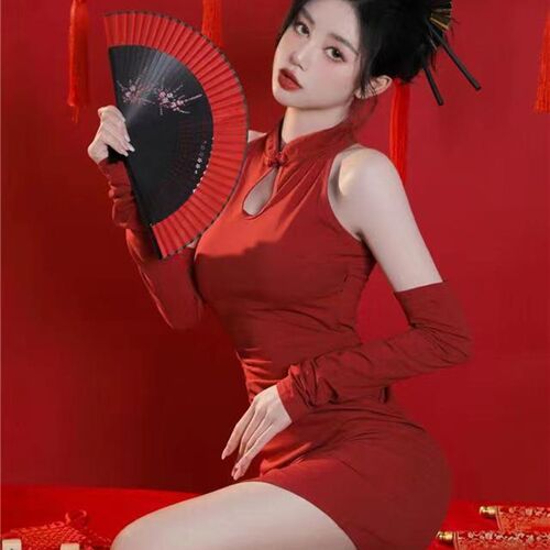 影楼写真服装女复古红色中国风旗袍性感女团舞蹈演出少女拍照服装