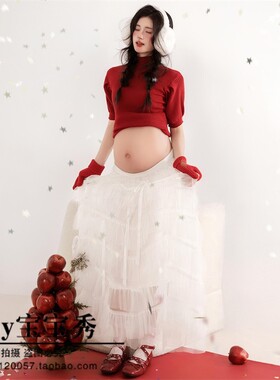 照相馆新款耶诞主题孕妇照服装红色甜美风孕妈跨年氛围感大肚照写